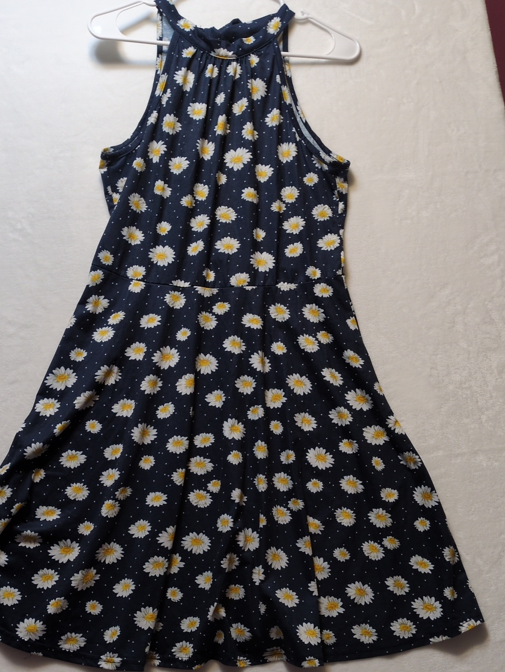 Daisy Floral Halter Neck Dress L Navy Blue White Polka Dot Tie Back Knee Length